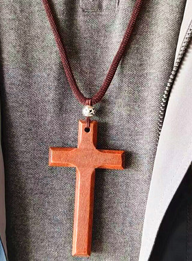 实木米兰绳手工编织十字架毛衣链