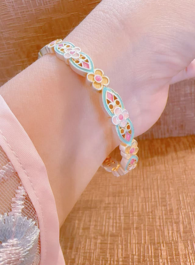 足银999.9珐琅彩描金花朵纯银手镯女国潮风重工银镯送女友