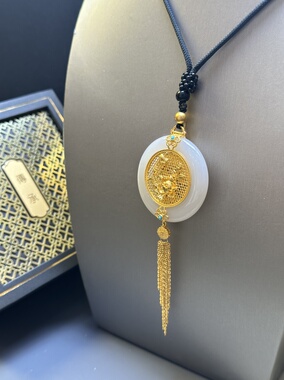 凤凰牡丹双面传承足金金镶玉和田玉吊坠项链