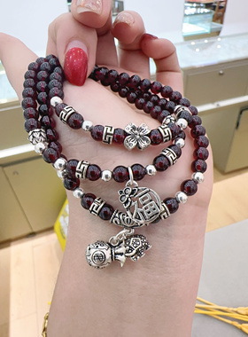 纯银石榴石三圈手链 兴亚福珠宝银手链 石榴石手链