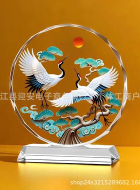 松鹤延年水晶画摆件平安喜乐家居装饰客厅酒柜电视柜开业乔迁礼品
