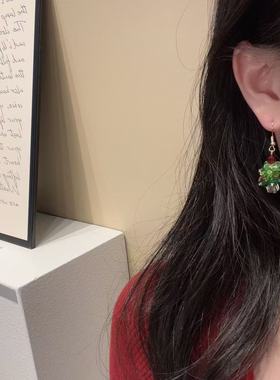 圣诞树吊坠绿色编绳项链耳环女秋冬新款毛衣链小众设计锁骨链套装