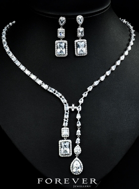 铜镀白金镶锆石女士奢华项链耳环