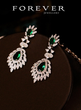 女韩式超闪锆石绿蓝红项链耳环