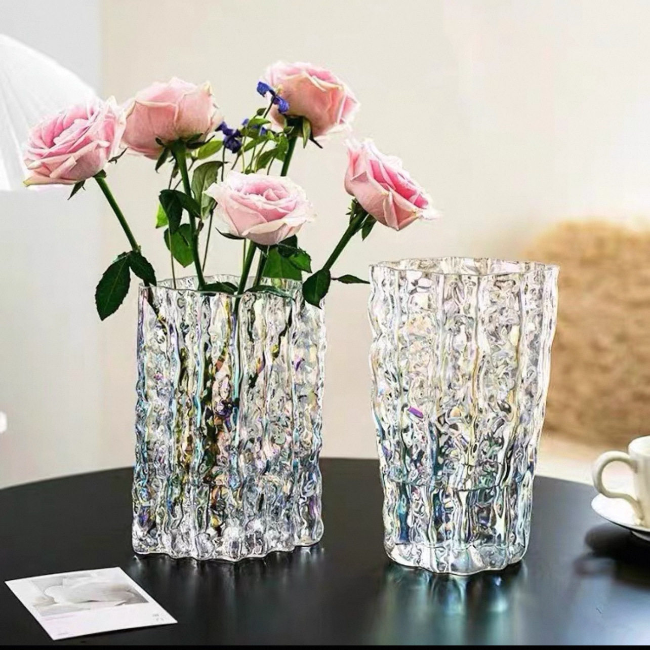 ins风高级感玫瑰鲜花客厅餐桌摆件网红轻奢冰川花瓶玻璃透明波纹,淘宝优惠券,粉丝福利购,淘宝优惠卷