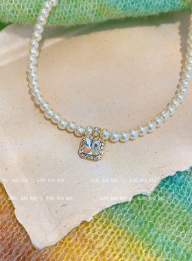 法式复古方块锆石吊坠珍珠项链女轻奢串珠小众百搭高级锁骨链颈链