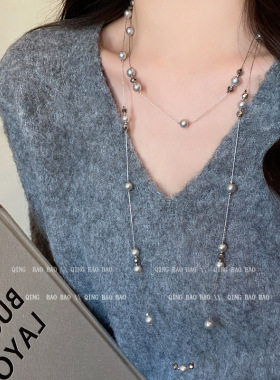 高级感双层满天星灰色珍珠项链女轻奢叠戴颈链秋冬长款毛衣链配饰