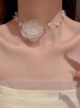 法式浪漫choker花朵珍珠项链女超仙气质锁骨链小众设计感颈链