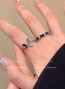 撞色碎石蝴蝶开口戒指女潮流酷小众高级食指戒气质设计可调节指环