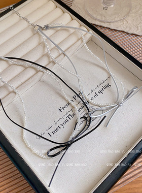 2026新款爆款皮绳蝴蝶结珍珠项链女甜酷风设计感小众双层锁骨链潮