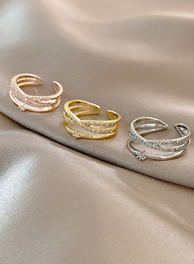 韩版轻奢多层交叉戒指女时尚个性开口可调节冷淡复古风天使尾戒