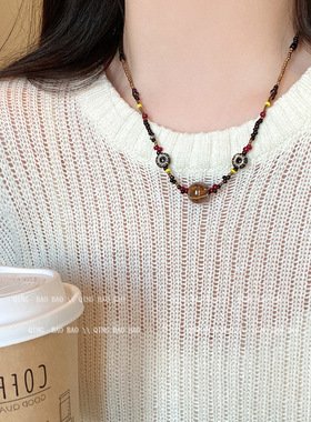 vintager复古设计感民族风串珠锁骨链虎眼石毛衣链轻奢高级感项链