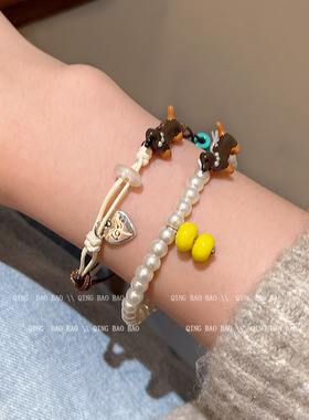 腊肠狗珍珠抽拉高级感手链女款小众设计感韩系ins风可爱甜美手饰