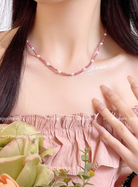 法式小香风粉红色项链女高级感小众多巴胺珍珠串珠百搭颈链锁骨链