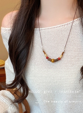 新中式复古木质串珠吊坠项链女小众设计民族风时尚百搭长款毛衣链