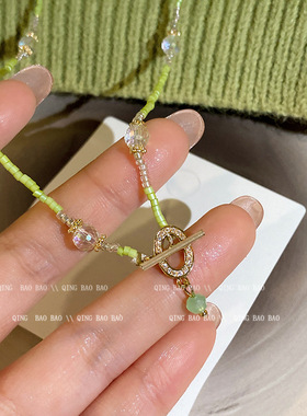 小清新绿色仿水晶花朵项链女百搭气质竹节锁骨链网红同款颈链