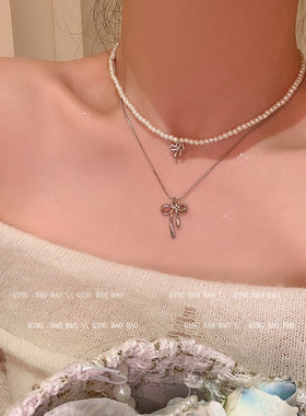 双层叠戴蝴蝶结珍珠项链女韩系ins小众脖颈链温柔甜美气质锁骨链