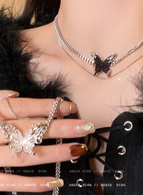 甜酷轻奢双层蝴蝶项链女2026新款网红锁骨链个性气质毛衣链脖颈链