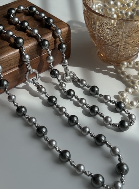 高级感真多麻银灰色拼接珍珠