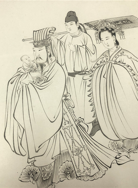 清禹之鼎临吴道子送子天王图白描人物国画复制高清线条装饰画临摹