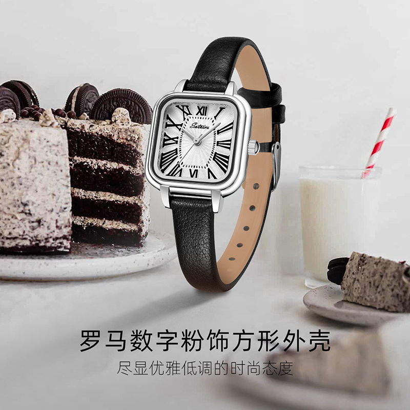 圣缇斯复古中国风简约黑色皮带手表女学院风防水超细石英腕表3018