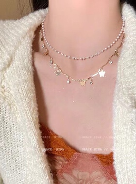 纯欲仙女~轻奢双层叠戴蝴蝶珍珠项链女小众设计高级感气质锁骨链