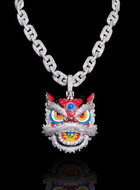 国潮醒狮吊坠项链女中式复古嘻哈Hiphop满钻龙年中国风设计感配饰