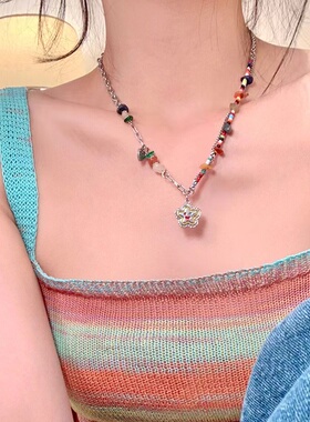 彩色串珠笑脸花朵石头拼接项链女小众设计感甜酷多巴胺锁骨链配饰