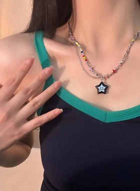 蓝色幸运星星笑脸彩色拼接项链女小众设计感甜酷多巴胺锁骨链配饰