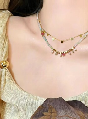 彩色小米珠串珠双层叠戴项链女夏波西米亚太阳花民族风轻奢锁骨链