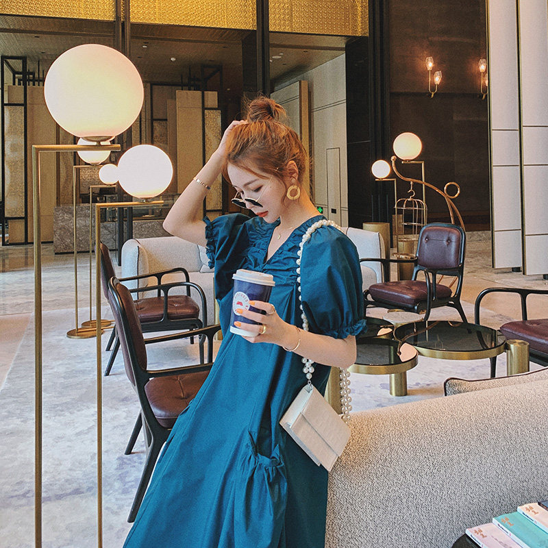 性感v领褶皱大口袋法式洋气连衣裙 芸哲连衣裙