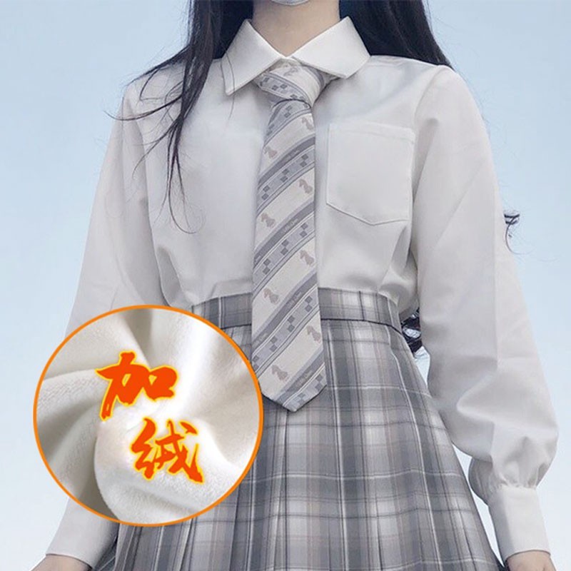 加绒衬衫女冬加厚衬衣打底上衣JK制服衬衫奶白保暖衬衣2023年新款