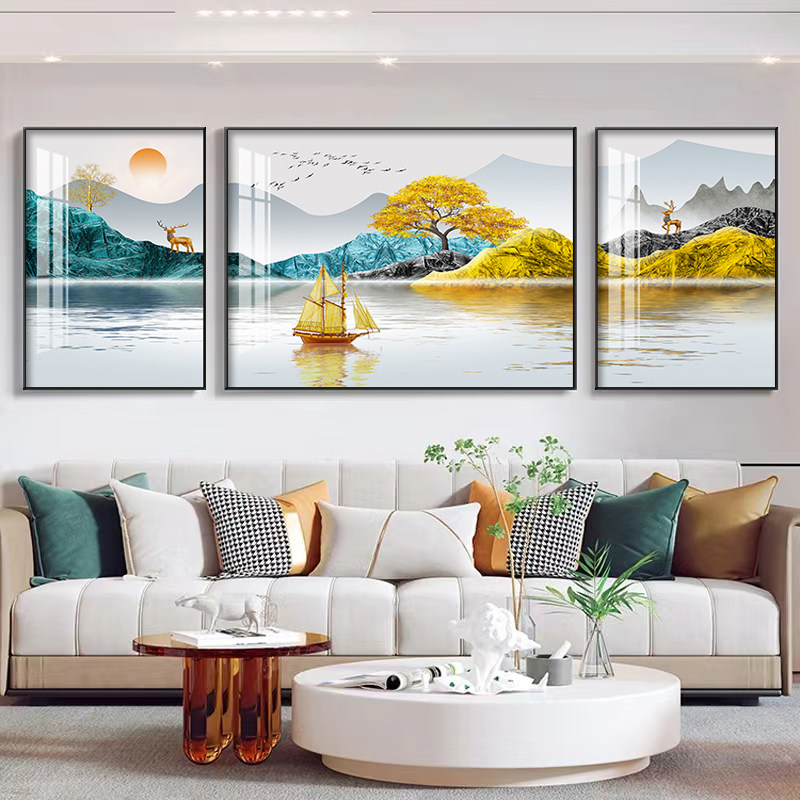 轻奢客厅装饰画沙发背景墙挂画现代简约壁画大气三联画镶钻晶瓷画,淘宝优惠券,粉丝福利购,淘宝优惠卷