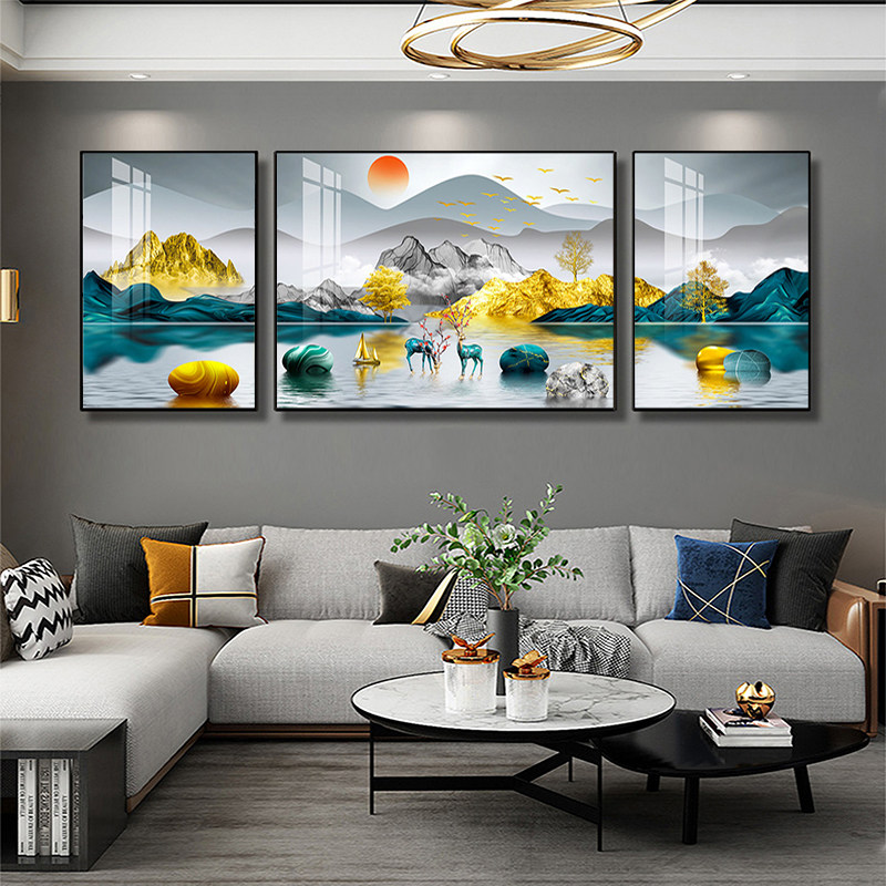 轻奢客厅装饰画沙发背景墙挂画现代简约壁画大气三联画镶钻晶瓷画,淘宝优惠券,粉丝福利购,淘宝优惠卷