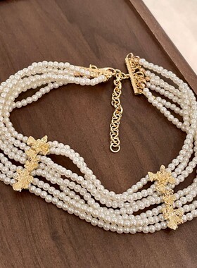 金色花瓣多层珍珠叠戴项链女