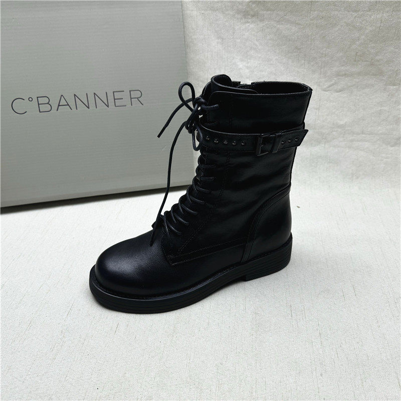 C.BANNER/千百度撤柜正品时尚交叉绑带马丁靴女新款真皮加绒短靴,淘宝优惠券,粉丝福利购,淘宝优惠卷
