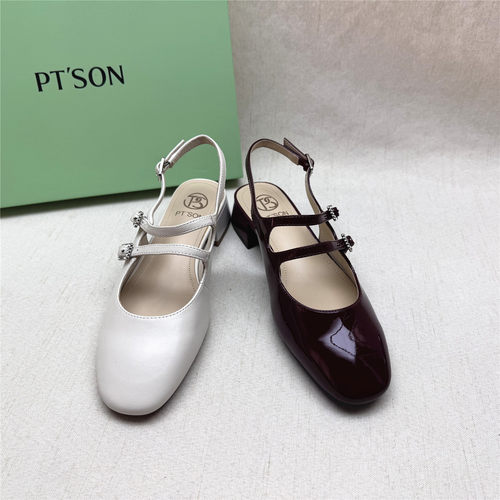 PT'SON/百田森正品撤柜水钻双排扣时装鞋女春夏新款羊皮包头凉鞋 - 图0