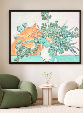 瑞杰手绘油画《花间猫趣》