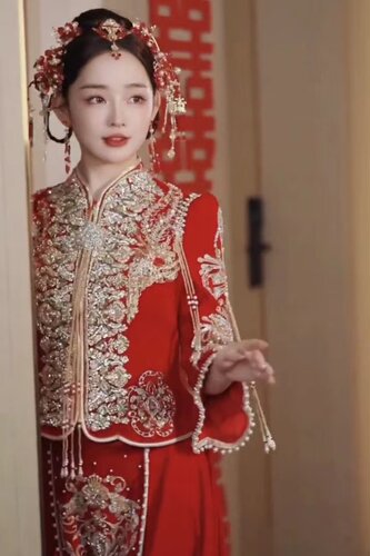 出租租赁 加大码胸围104CM云梦瑶印度丝珍珠钻秀禾服新娘中式嫁衣 - 图1