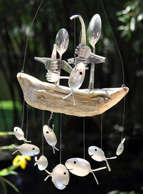 钓鱼人风铃木船垂钓勺子头铃铛一人二人三人吊挂跨境电商货源欧美