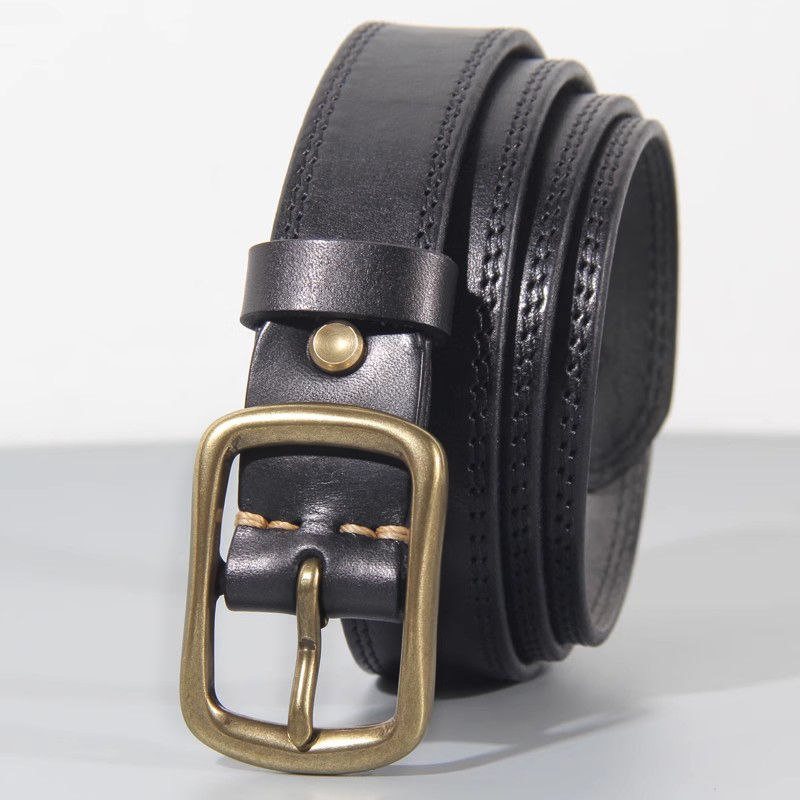 铜扣皮带女真皮 头层纯牛皮手工复古ins风潮棕色百搭牛仔裤腰带软 - 图2