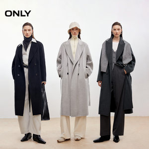 ONLY2025冬季新款100%绵羊毛纯色双排扣长款双面毛呢大衣外套女