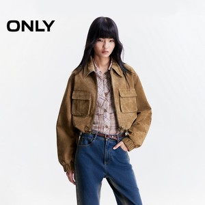 ONLY2025冬季新款酷感下摆抽绳利落正肩带盖口袋短款皮衣外套女
