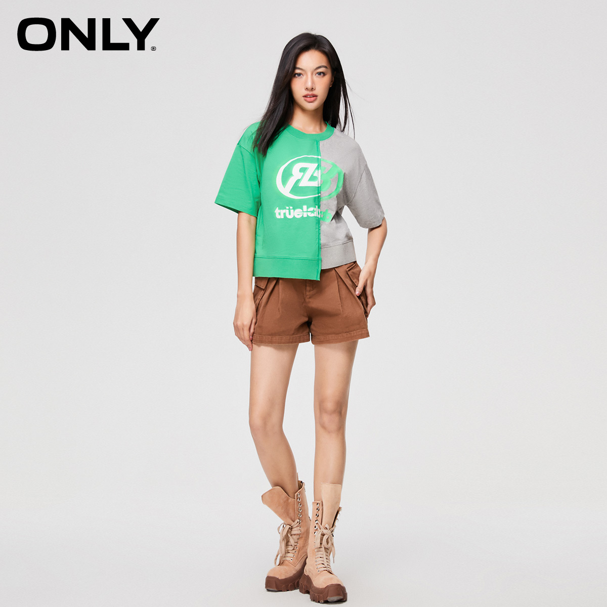 ONLY休闲潮酷不对称字母圆领拼色T恤