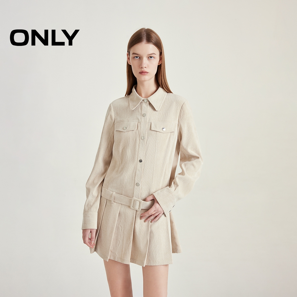 绫致ONLY秋冬新工装风翻领百褶短裙衬衫连衣裙女时尚潮 - 图0