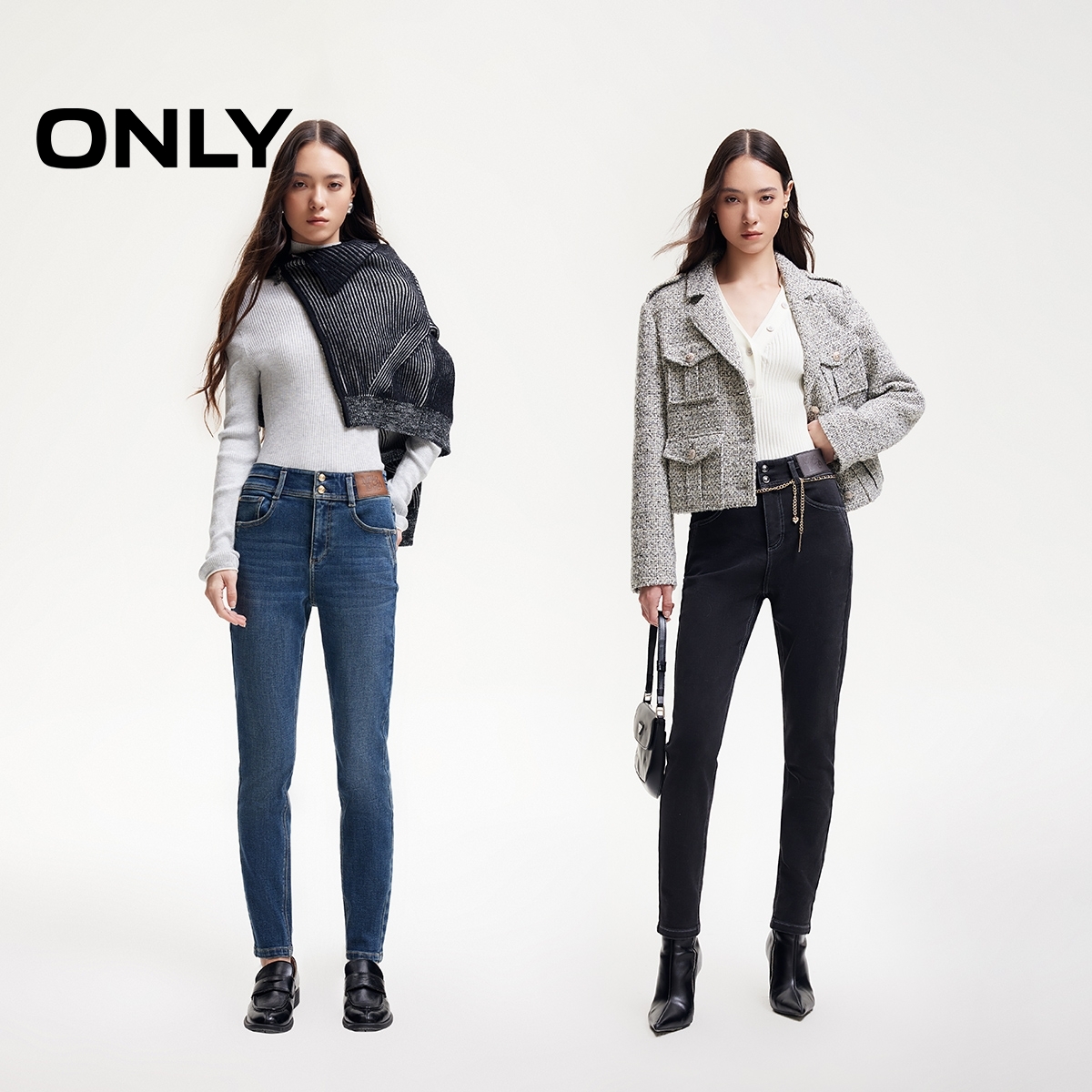 ONLY2024冬季新款加绒保暖小个子高腰紧身牛仔裤女|124432035