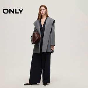 ONLY2025冬季新款100%绵羊毛宽松系带连帽斗篷双面毛呢大衣外套女
