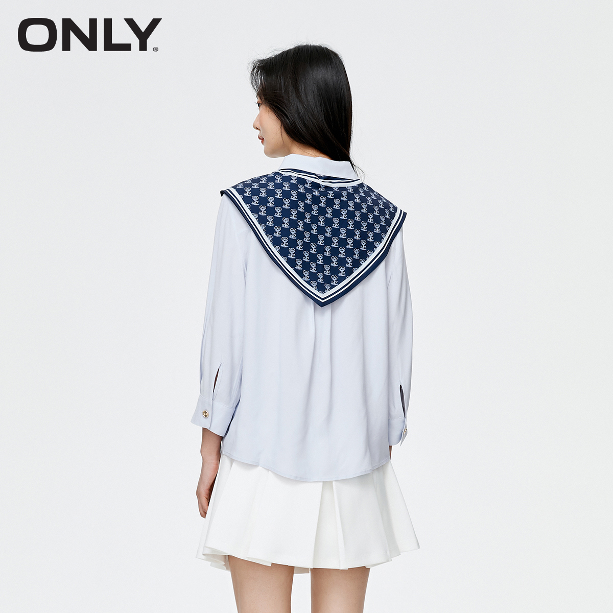 ONLY时尚休闲可拆卸领巾纯色九分袖衬衫