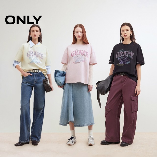 ONLY dropped shoulder loose round neck printed cotton T-shirt