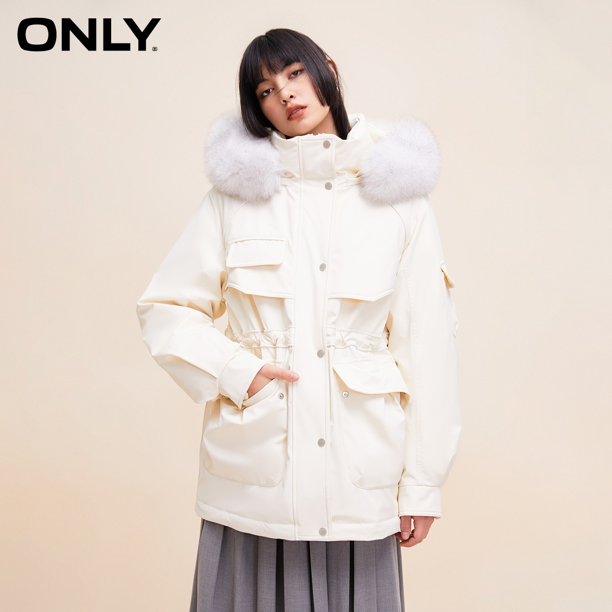 【鹅绒服】ONLY冬季保暖连帽收腰工装羽绒服女|123423021 - 图3